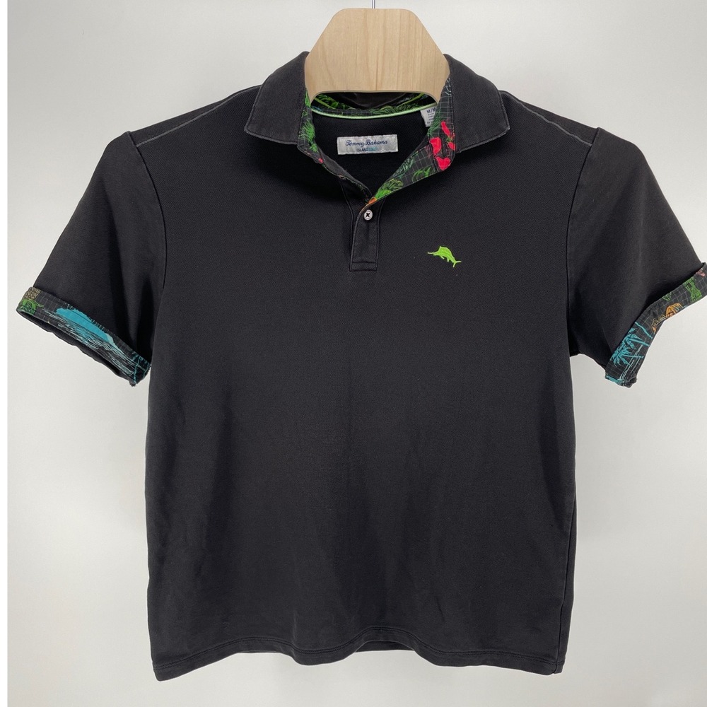 Tommy Bahama Polo Men Medium Black Excellent IslandZone Floral Trim Marlin